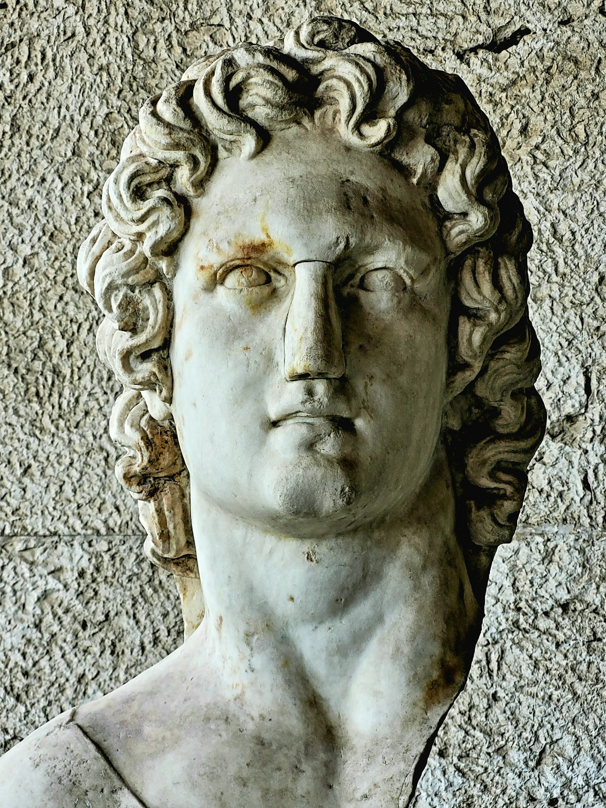 A marble bust of a man with curly hair